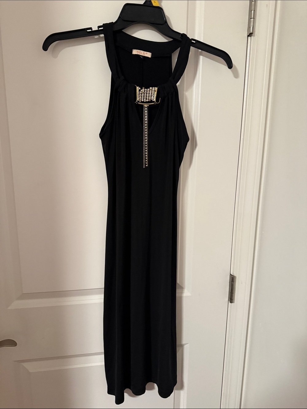 Elegant Black Sleeveless Midi Dress with Rhinestone Accent